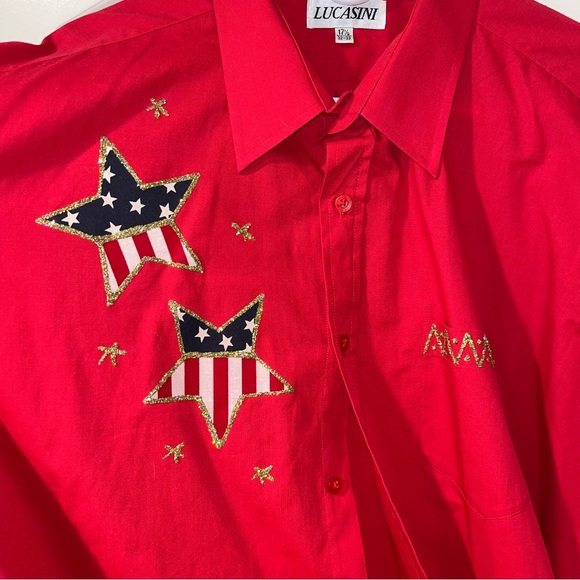Lucasini Men's Shirt 17.5 32-33 L/S Hidden Button Up American flag stars red - Picture 5 of 5